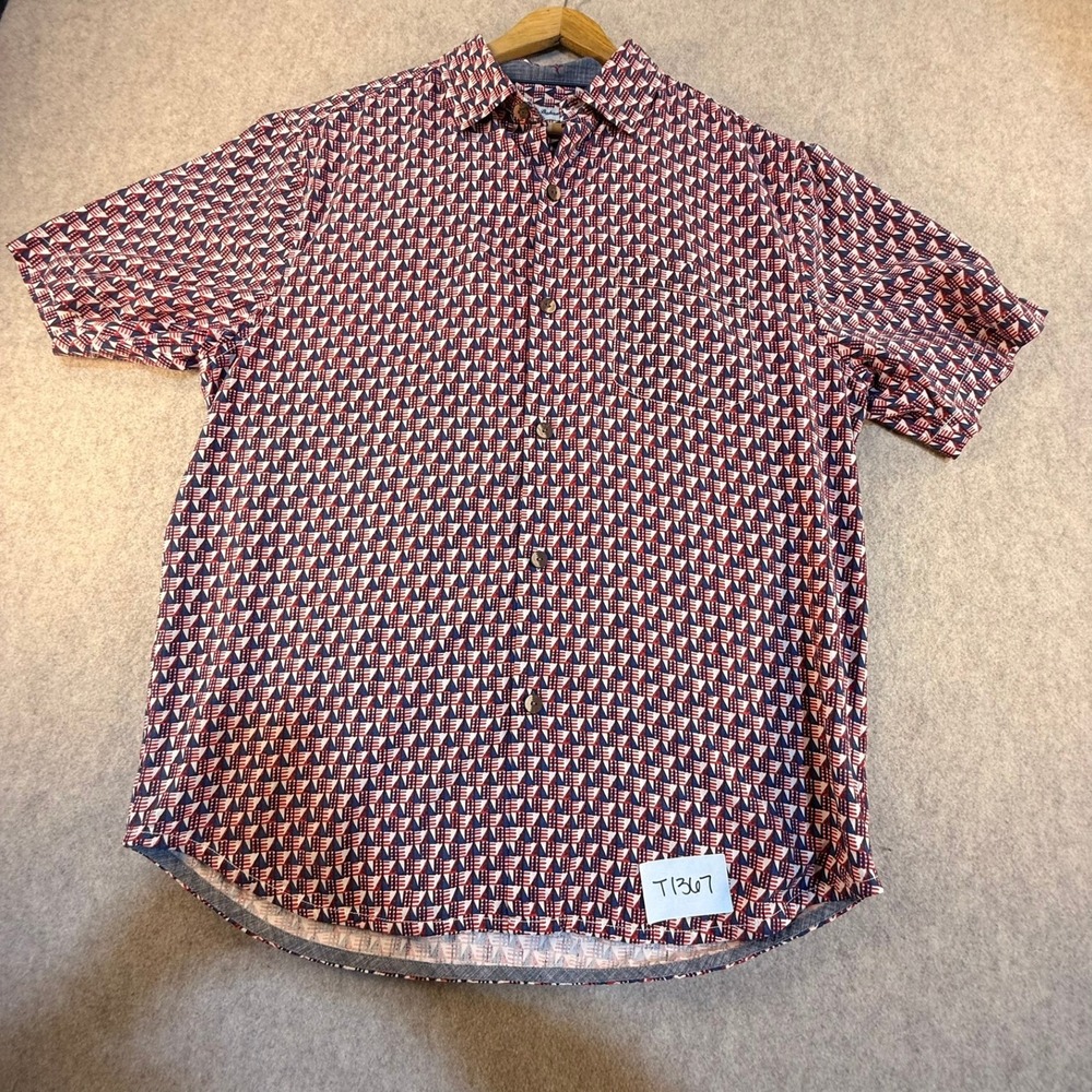 Tommy Bahama Mens Red White Blue Geometric Sail Print Short Sleeve Shirt Medium